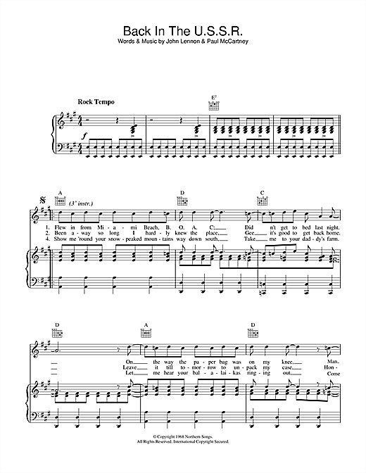 Preview The Beatles Back In The U.S.S.R. Rock sheet music, notes and chords for Piano, Vocal & Guitar (Right-Hand Melody), SKU: 13899 sheet music, piano notes, chords, guitar tabs, score, transpose, transcribe, how to play, guide, download, learn, tutorial, progression, song, artist, awards, billboard, mtv, vh1, tour, single, album, release