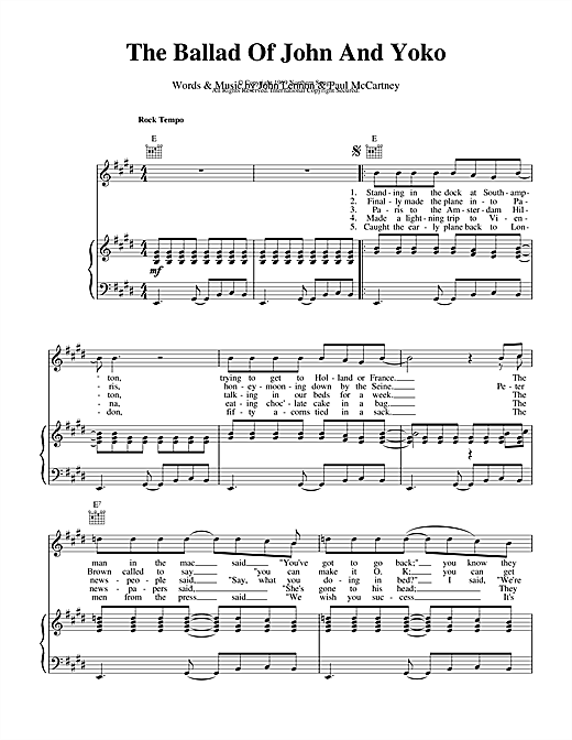 Preview The Beatles The Ballad of John And Yoko Rock sheet music, notes and chords for Piano, Vocal & Guitar (Right-Hand Melody), SKU: 13900 sheet music, piano notes, chords, guitar tabs, score, transpose, transcribe, how to play, guide, download, learn, tutorial, progression, song, artist, awards, billboard, mtv, vh1, tour, single, album, release