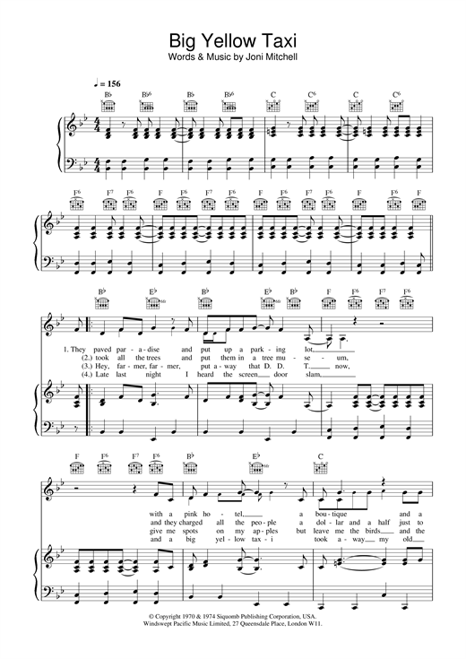 Preview Joni Mitchell Big Yellow Taxi Rock sheet music, notes and chords for Piano, Vocal & Guitar (Right-Hand Melody), SKU: 13905 sheet music, piano notes, chords, guitar tabs, score, transpose, transcribe, how to play, guide, download, learn, tutorial, progression, song, artist, awards, billboard, mtv, vh1, tour, single, album, release