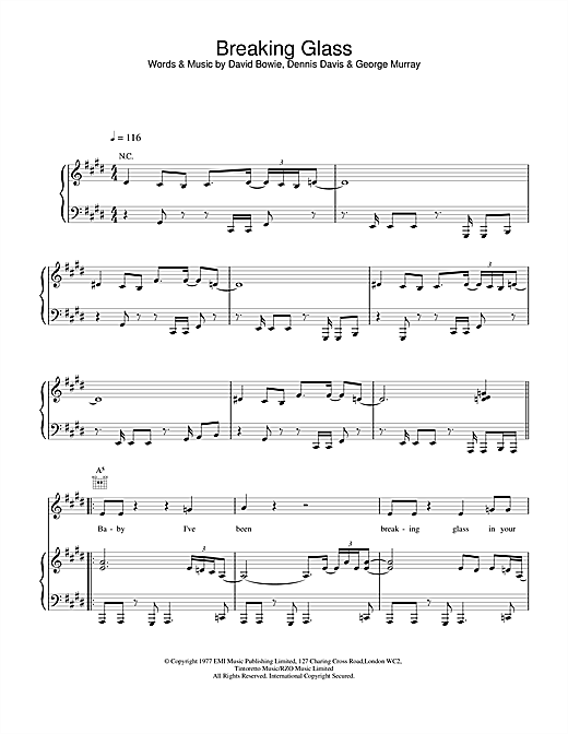 Preview David Bowie Breaking Glass Rock sheet music, notes and chords for Piano, Vocal & Guitar, SKU: 13910 sheet music, piano notes, chords, guitar tabs, score, transpose, transcribe, how to play, guide, download, learn, tutorial, progression, song, artist, awards, billboard, mtv, vh1, tour, single, album, release