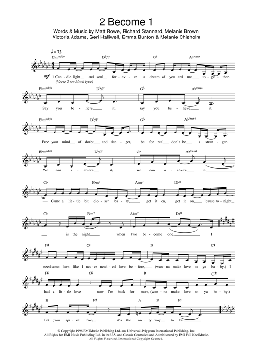Preview The Spice Girls 2 Become 1 Pop sheet music, notes and chords for Melody Line, Lyrics & Chords, SKU: 13914 sheet music, piano notes, chords, guitar tabs, score, transpose, transcribe, how to play, guide, download, learn, tutorial, progression, song, artist, awards, billboard, mtv, vh1, tour, single, album, release