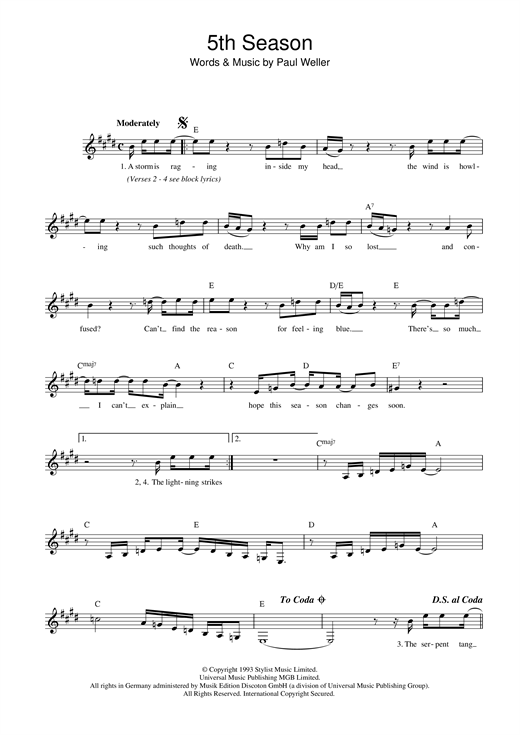 Preview Paul Weller 5th Season Rock sheet music, notes and chords for Melody Line, Lyrics & Chords, SKU: 13915 sheet music, piano notes, chords, guitar tabs, score, transpose, transcribe, how to play, guide, download, learn, tutorial, progression, song, artist, awards, billboard, mtv, vh1, tour, single, album, release