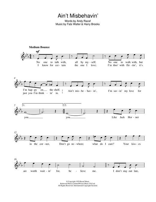 Preview Frank Sinatra Ain't Misbehavin' Jazz sheet music, notes and chords for Melody Line, Lyrics & Chords, SKU: 13922 sheet music, piano notes, chords, guitar tabs, score, transpose, transcribe, how to play, guide, download, learn, tutorial, progression, song, artist, awards, billboard, mtv, vh1, tour, single, album, release