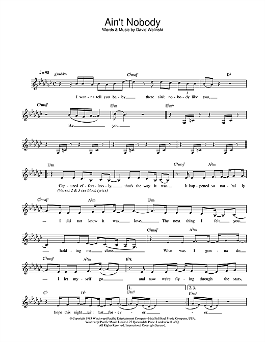 Preview Rufus & Chaka Khan Ain't Nobody Soul sheet music, notes and chords for Melody Line, Lyrics & Chords, SKU: 13923 sheet music, piano notes, chords, guitar tabs, score, transpose, transcribe, how to play, guide, download, learn, tutorial, progression, song, artist, awards, billboard, mtv, vh1, tour, single, album, release