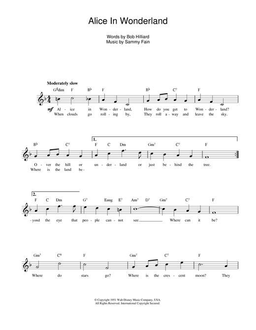 Preview Sammy Fain Alice In Wonderland Film and TV sheet music, notes and chords for Melody Line, Lyrics & Chords, SKU: 13927 sheet music, piano notes, chords, guitar tabs, score, transpose, transcribe, how to play, guide, download, learn, tutorial, progression, song, artist, awards, billboard, mtv, vh1, tour, single, album, release