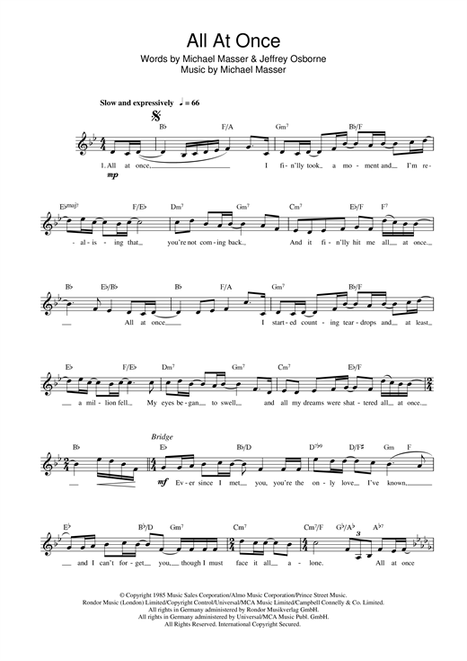 Preview Michael Masser All At Once Pop sheet music, notes and chords for Melody Line, Lyrics & Chords, SKU: 13928 sheet music, piano notes, chords, guitar tabs, score, transpose, transcribe, how to play, guide, download, learn, tutorial, progression, song, artist, awards, billboard, mtv, vh1, tour, single, album, release