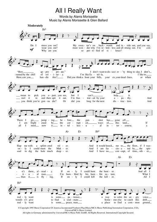 Preview Alanis Morissette All I Really Want Pop sheet music, notes and chords for Melody Line, Lyrics & Chords, SKU: 13929 sheet music, piano notes, chords, guitar tabs, score, transpose, transcribe, how to play, guide, download, learn, tutorial, progression, song, artist, awards, billboard, mtv, vh1, tour, single, album, release