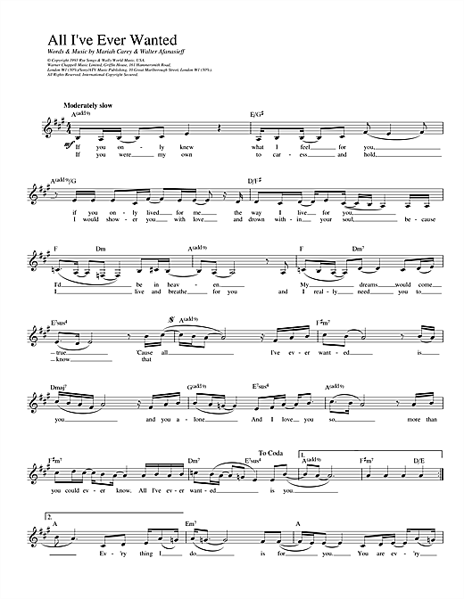Preview Mariah Carey All I've Ever Wanted R & B sheet music, notes and chords for Melody Line, Lyrics & Chords, SKU: 13930 sheet music, piano notes, chords, guitar tabs, score, transpose, transcribe, how to play, guide, download, learn, tutorial, progression, song, artist, awards, billboard, mtv, vh1, tour, single, album, release