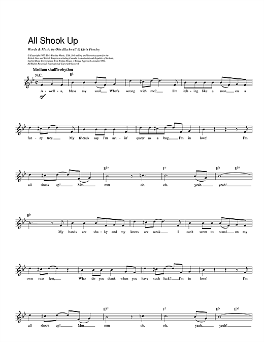 Preview Elvis Presley All Shook Up Pop sheet music, notes and chords for Melody Line, Lyrics & Chords, SKU: 13931 sheet music, piano notes, chords, guitar tabs, score, transpose, transcribe, how to play, guide, download, learn, tutorial, progression, song, artist, awards, billboard, mtv, vh1, tour, single, album, release