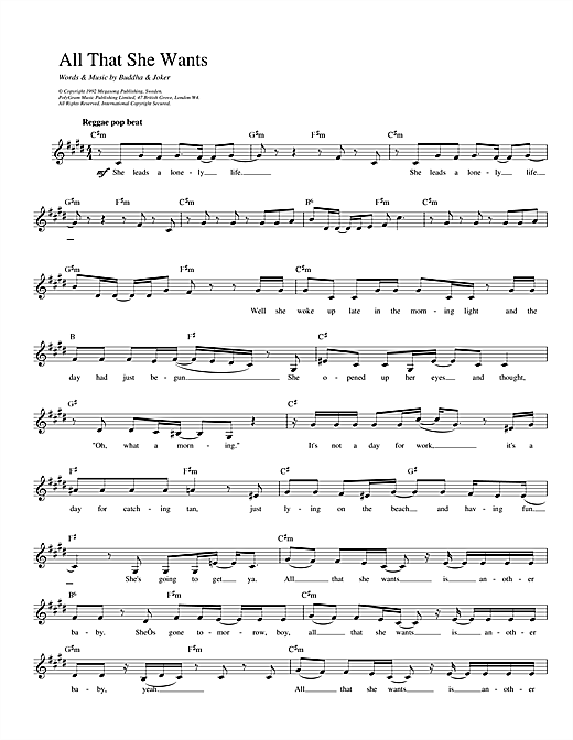 Preview Ace Of Base All That She Wants Pop sheet music, notes and chords for Melody Line, Lyrics & Chords, SKU: 13932 sheet music, piano notes, chords, guitar tabs, score, transpose, transcribe, how to play, guide, download, learn, tutorial, progression, song, artist, awards, billboard, mtv, vh1, tour, single, album, release
