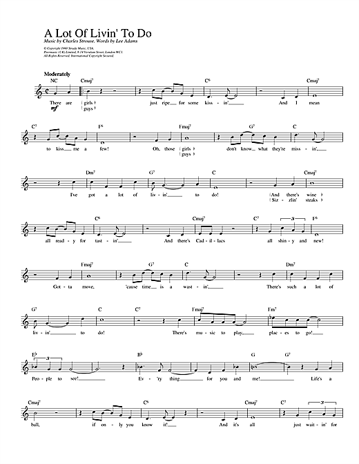 Preview Charles Strouse A Lot Of Livin' To Do (from Bye Bye Birdie) Musicals sheet music, notes and chords for Melody Line, Lyrics & Chords, SKU: 13935 sheet music, piano notes, chords, guitar tabs, score, transpose, transcribe, how to play, guide, download, learn, tutorial, progression, song, artist, awards, billboard, mtv, vh1, tour, single, album, release