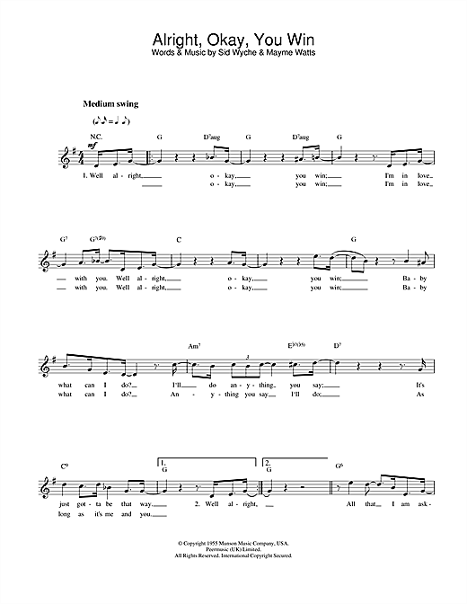 Preview Peggy Lee Alright, Okay, You Win Pop sheet music, notes and chords for Melody Line, Lyrics & Chords, SKU: 13936 sheet music, piano notes, chords, guitar tabs, score, transpose, transcribe, how to play, guide, download, learn, tutorial, progression, song, artist, awards, billboard, mtv, vh1, tour, single, album, release