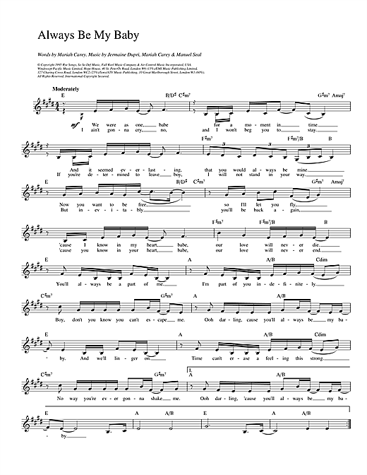 Preview Mariah Carey Always Be My Baby R & B sheet music, notes and chords for Melody Line, Lyrics & Chords, SKU: 13937 sheet music, piano notes, chords, guitar tabs, score, transpose, transcribe, how to play, guide, download, learn, tutorial, progression, song, artist, awards, billboard, mtv, vh1, tour, single, album, release
