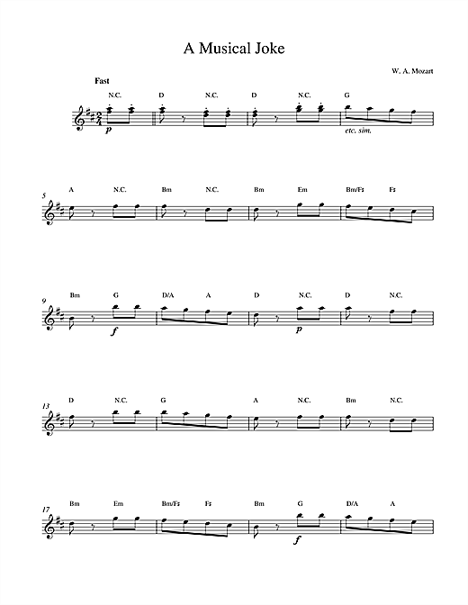 Preview Wolfgang Amadeus Mozart A Musical Joke Classical sheet music, notes and chords for Melody Line & Chords, SKU: 13940 sheet music, piano notes, chords, guitar tabs, score, transpose, transcribe, how to play, guide, download, learn, tutorial, progression, song, artist, awards, billboard, mtv, vh1, tour, single, album, release
