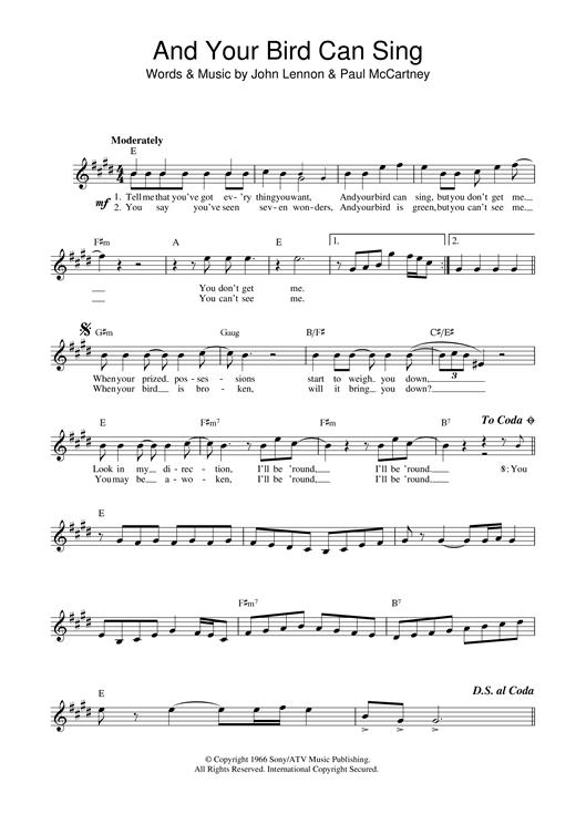 Preview The Beatles And Your Bird Can Sing Rock sheet music, notes and chords for Melody Line, Lyrics & Chords, SKU: 13942 sheet music, piano notes, chords, guitar tabs, score, transpose, transcribe, how to play, guide, download, learn, tutorial, progression, song, artist, awards, billboard, mtv, vh1, tour, single, album, release