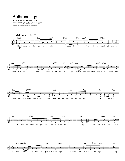 Preview Charlie Parker Anthropology Jazz sheet music, notes and chords for Melody Line, Lyrics & Chords, SKU: 13944 sheet music, piano notes, chords, guitar tabs, score, transpose, transcribe, how to play, guide, download, learn, tutorial, progression, song, artist, awards, billboard, mtv, vh1, tour, single, album, release