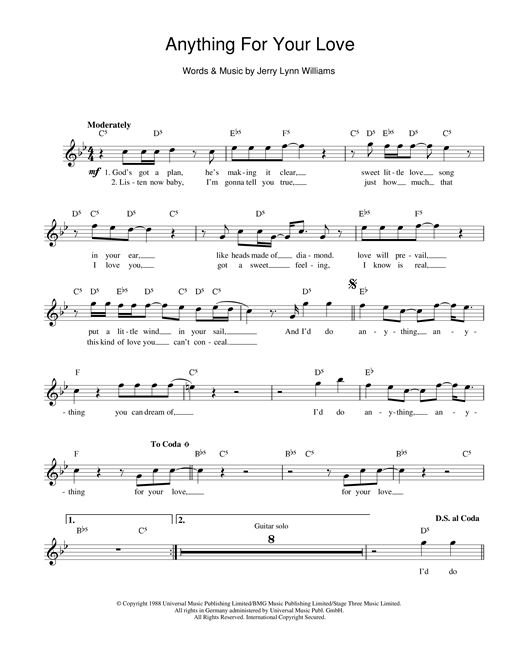 Preview Jerry Lynn Williams Anything For Your Love Rock sheet music, notes and chords for Melody Line, Lyrics & Chords, SKU: 13946 sheet music, piano notes, chords, guitar tabs, score, transpose, transcribe, how to play, guide, download, learn, tutorial, progression, song, artist, awards, billboard, mtv, vh1, tour, single, album, release