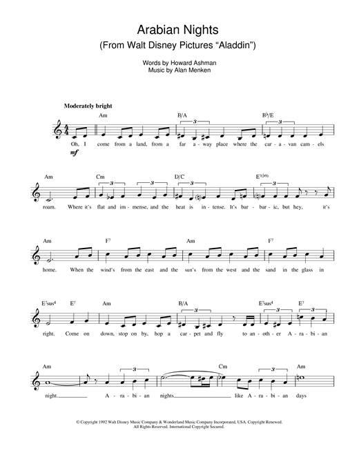 Preview Alan Menken Arabian Nights (from Aladdin) Film and TV sheet music, notes and chords for Melody Line, Lyrics & Chords, SKU: 13947 sheet music, piano notes, chords, guitar tabs, score, transpose, transcribe, how to play, guide, download, learn, tutorial, progression, song, artist, awards, billboard, mtv, vh1, tour, single, album, release