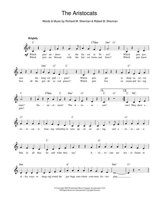 Preview Sherman Brothers The Aristocats Film and TV sheet music, notes and chords for Melody Line, Lyrics & Chords, SKU: 13949 sheet music, piano notes, chords, guitar tabs, score, transpose, transcribe, how to play, guide, download, learn, tutorial, progression, song, artist, awards, billboard, mtv, vh1, tour, single, album, release
