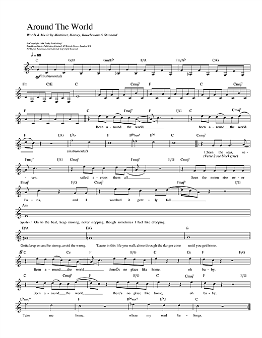 Preview East 17 Around The World Pop sheet music, notes and chords for Melody Line, Lyrics & Chords, SKU: 13950 sheet music, piano notes, chords, guitar tabs, score, transpose, transcribe, how to play, guide, download, learn, tutorial, progression, song, artist, awards, billboard, mtv, vh1, tour, single, album, release