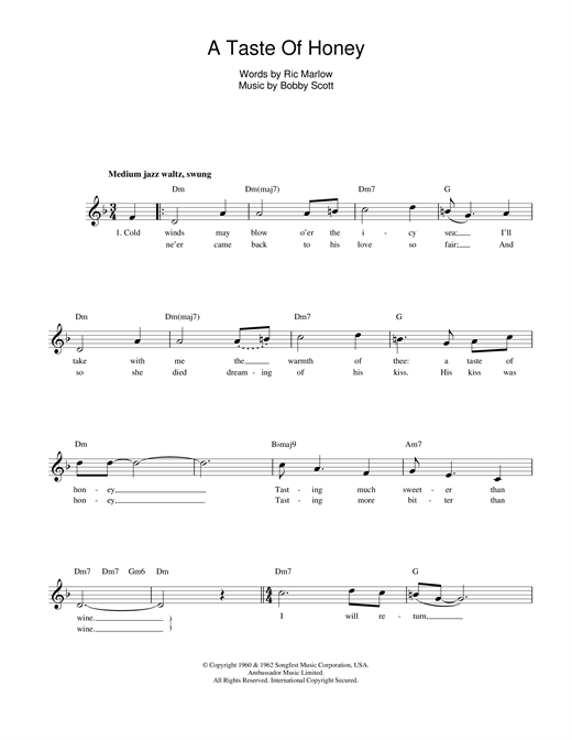 Preview Marlow And Scott A Taste Of Honey Pop sheet music, notes and chords for Melody Line, Lyrics & Chords, SKU: 13953 sheet music, piano notes, chords, guitar tabs, score, transpose, transcribe, how to play, guide, download, learn, tutorial, progression, song, artist, awards, billboard, mtv, vh1, tour, single, album, release