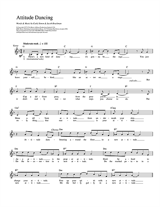 Preview Carly Simon Attitude Dancing Pop sheet music, notes and chords for Melody Line, Lyrics & Chords, SKU: 13954 sheet music, piano notes, chords, guitar tabs, score, transpose, transcribe, how to play, guide, download, learn, tutorial, progression, song, artist, awards, billboard, mtv, vh1, tour, single, album, release