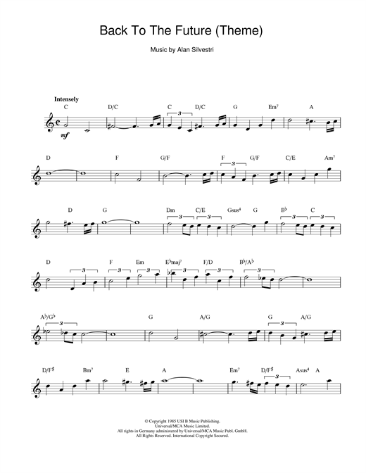 Preview Alan Silvestri Back To The Future (Theme) Film and TV sheet music, notes and chords for Melody Line & Chords, SKU: 13959 sheet music, piano notes, chords, guitar tabs, score, transpose, transcribe, how to play, guide, download, learn, tutorial, progression, song, artist, awards, billboard, mtv, vh1, tour, single, album, release