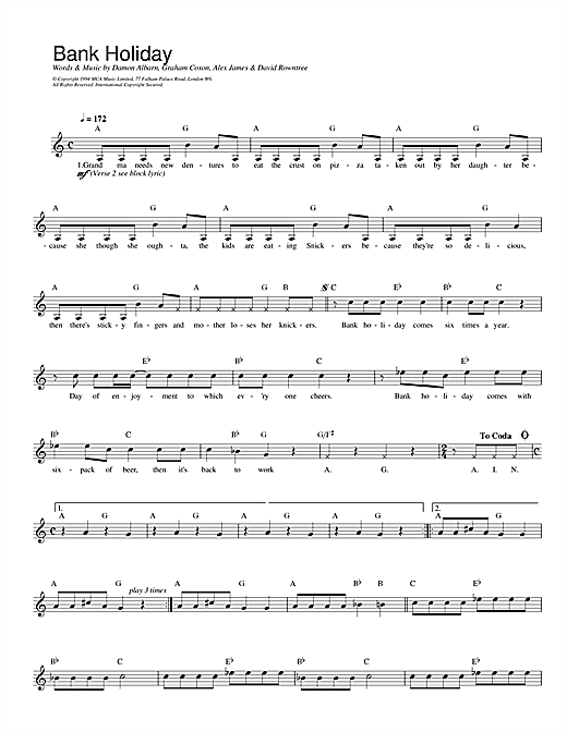 Preview Blur Bank Holiday Pop sheet music, notes and chords for Melody Line, Lyrics & Chords, SKU: 13961 sheet music, piano notes, chords, guitar tabs, score, transpose, transcribe, how to play, guide, download, learn, tutorial, progression, song, artist, awards, billboard, mtv, vh1, tour, single, album, release