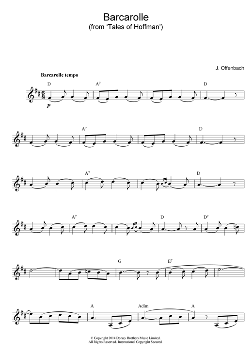 Preview Jacques Offenbach Barcarolle (from The Tales Of Hoffmann) Classical sheet music, notes and chords for Melody Line & Chords, SKU: 13965 sheet music, piano notes, chords, guitar tabs, score, transpose, transcribe, how to play, guide, download, learn, tutorial, progression, song, artist, awards, billboard, mtv, vh1, tour, single, album, release