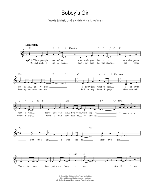 Preview Marcie Blane Bobby's Girl Pop sheet music, notes and chords for Melody Line, Lyrics & Chords, SKU: 13969 sheet music, piano notes, chords, guitar tabs, score, transpose, transcribe, how to play, guide, download, learn, tutorial, progression, song, artist, awards, billboard, mtv, vh1, tour, single, album, release