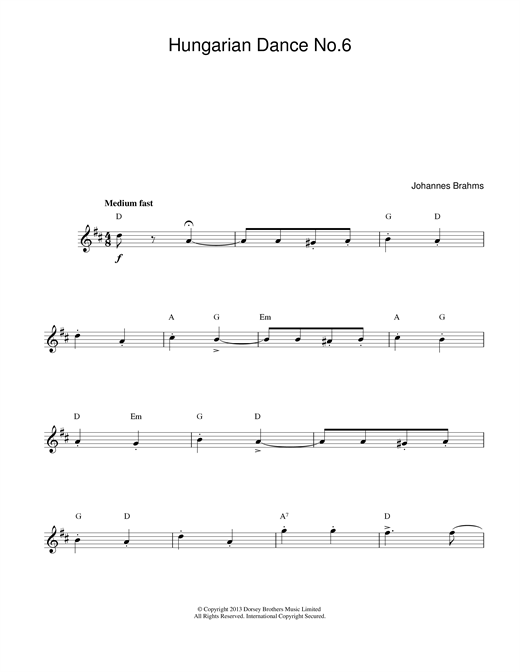 Preview Johannes Brahms Hungarian Dance No.6 Classical sheet music, notes and chords for Melody Line & Chords, SKU: 13970 sheet music, piano notes, chords, guitar tabs, score, transpose, transcribe, how to play, guide, download, learn, tutorial, progression, song, artist, awards, billboard, mtv, vh1, tour, single, album, release
