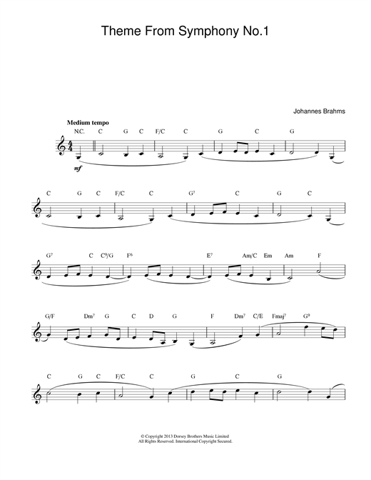 Preview Johannes Brahms Theme Symphony No1 Classical sheet music, notes and chords for Melody Line & Chords, SKU: 13972 sheet music, piano notes, chords, guitar tabs, score, transpose, transcribe, how to play, guide, download, learn, tutorial, progression, song, artist, awards, billboard, mtv, vh1, tour, single, album, release
