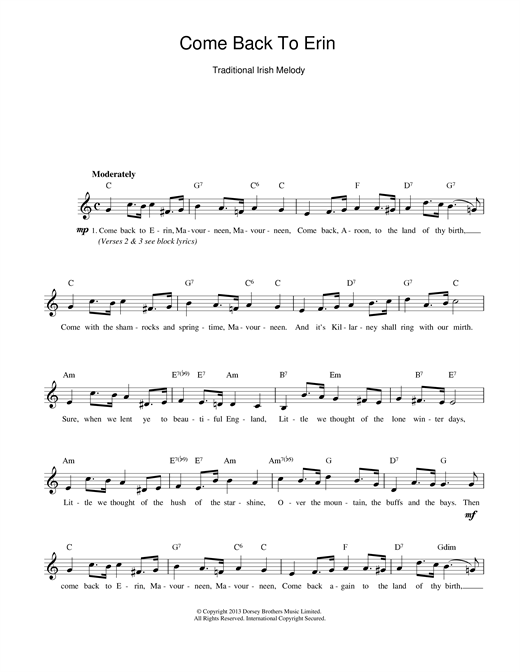 Preview The Corrs Come Back To Erin Folk sheet music, notes and chords for Melody Line, Lyrics & Chords, SKU: 14005 sheet music, piano notes, chords, guitar tabs, score, transpose, transcribe, how to play, guide, download, learn, tutorial, progression, song, artist, awards, billboard, mtv, vh1, tour, single, album, release