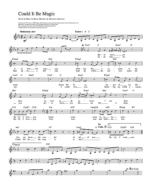 Preview Barry Manilow Could It Be Magic Pop sheet music, notes and chords for Melody Line, Lyrics & Chords, SKU: 14010 sheet music, piano notes, chords, guitar tabs, score, transpose, transcribe, how to play, guide, download, learn, tutorial, progression, song, artist, awards, billboard, mtv, vh1, tour, single, album, release