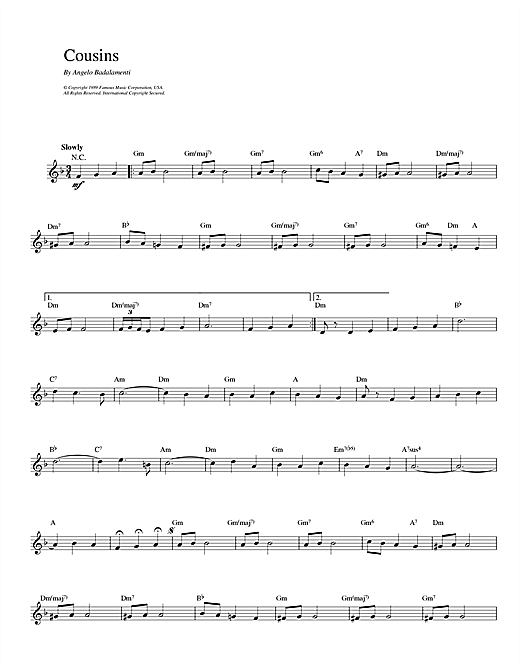 Preview Angelo Badalamenti Cousins Film and TV sheet music, notes and chords for Melody Line & Chords, SKU: 14012 sheet music, piano notes, chords, guitar tabs, score, transpose, transcribe, how to play, guide, download, learn, tutorial, progression, song, artist, awards, billboard, mtv, vh1, tour, single, album, release