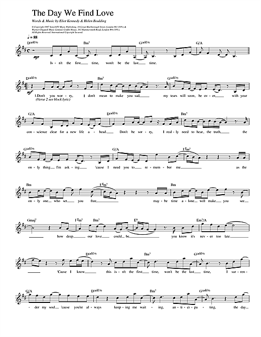 Preview 911 The Day We Find Love Pop sheet music, notes and chords for Melody Line, Lyrics & Chords, SKU: 14017 sheet music, piano notes, chords, guitar tabs, score, transpose, transcribe, how to play, guide, download, learn, tutorial, progression, song, artist, awards, billboard, mtv, vh1, tour, single, album, release