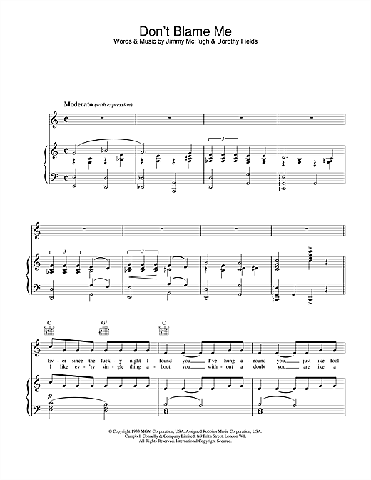 Preview Dorothy Fields Don't Blame Me Easy Listening sheet music, notes and chords for Piano, Vocal & Guitar (Right-Hand Melody), SKU: 14025 sheet music, piano notes, chords, guitar tabs, score, transpose, transcribe, how to play, guide, download, learn, tutorial, progression, song, artist, awards, billboard, mtv, vh1, tour, single, album, release