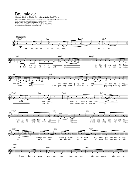 Preview Mariah Carey Dreamlover R & B sheet music, notes and chords for Melody Line, Lyrics & Chords, SKU: 14026 sheet music, piano notes, chords, guitar tabs, score, transpose, transcribe, how to play, guide, download, learn, tutorial, progression, song, artist, awards, billboard, mtv, vh1, tour, single, album, release
