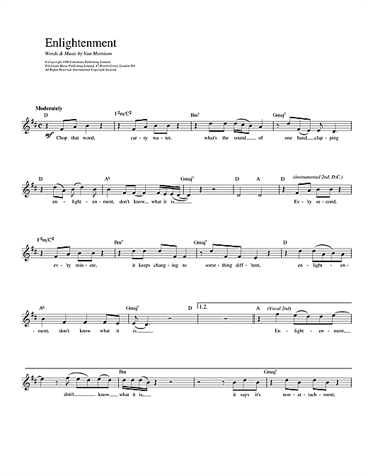 Preview Van Morrison Enlightenment Pop sheet music, notes and chords for Melody Line, Lyrics & Chords, SKU: 14032 sheet music, piano notes, chords, guitar tabs, score, transpose, transcribe, how to play, guide, download, learn, tutorial, progression, song, artist, awards, billboard, mtv, vh1, tour, single, album, release