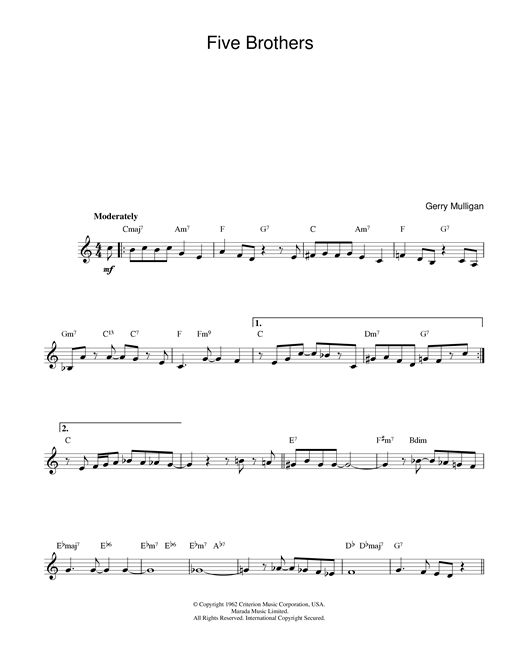 Preview Gerry Mulligan Five Brothers Jazz sheet music, notes and chords for Melody Line & Chords, SKU: 14039 sheet music, piano notes, chords, guitar tabs, score, transpose, transcribe, how to play, guide, download, learn, tutorial, progression, song, artist, awards, billboard, mtv, vh1, tour, single, album, release