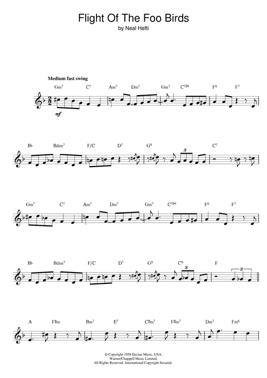 Preview Neal Hefti Flight Of The Foo Birds Jazz sheet music, notes and chords for Melody Line & Chords, SKU: 14040 sheet music, piano notes, chords, guitar tabs, score, transpose, transcribe, how to play, guide, download, learn, tutorial, progression, song, artist, awards, billboard, mtv, vh1, tour, single, album, release