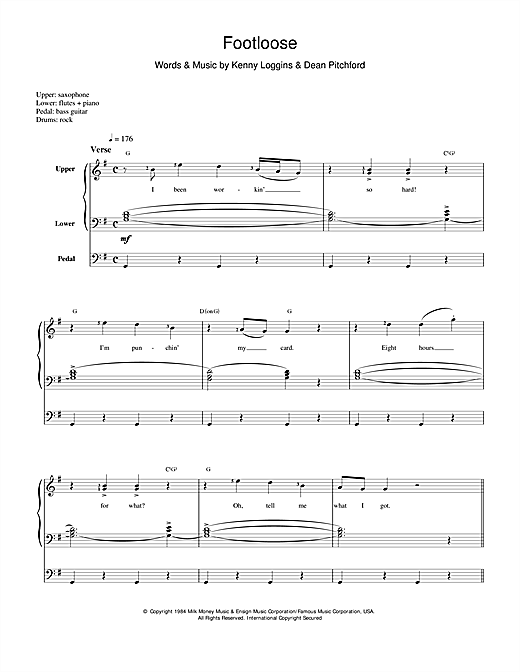 Preview Kenny Loggins Footloose Pop sheet music, notes and chords for Melody Line, Lyrics & Chords, SKU: 14042 sheet music, piano notes, chords, guitar tabs, score, transpose, transcribe, how to play, guide, download, learn, tutorial, progression, song, artist, awards, billboard, mtv, vh1, tour, single, album, release