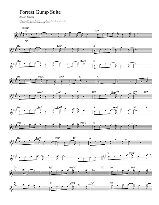 Preview Alan Silvestri Forrest Gump Suite Film and TV sheet music, notes and chords for Melody Line & Chords, SKU: 14043 sheet music, piano notes, chords, guitar tabs, score, transpose, transcribe, how to play, guide, download, learn, tutorial, progression, song, artist, awards, billboard, mtv, vh1, tour, single, album, release