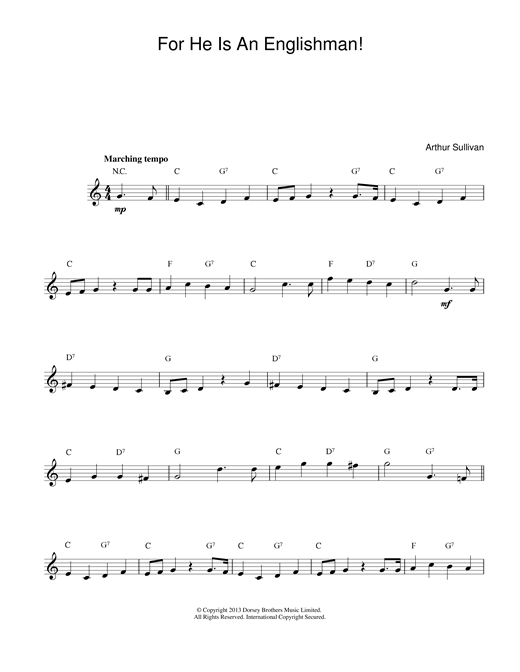 Preview Arthur Seymour Sullivan For He Is An Englishman Classical sheet music, notes and chords for Melody Line & Chords, SKU: 14044 sheet music, piano notes, chords, guitar tabs, score, transpose, transcribe, how to play, guide, download, learn, tutorial, progression, song, artist, awards, billboard, mtv, vh1, tour, single, album, release