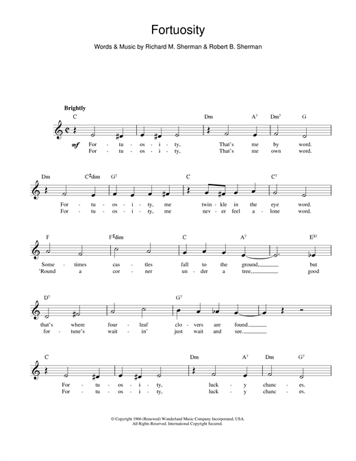 Preview Sherman Brothers Fortuosity Musicals sheet music, notes and chords for Melody Line, Lyrics & Chords, SKU: 14045 sheet music, piano notes, chords, guitar tabs, score, transpose, transcribe, how to play, guide, download, learn, tutorial, progression, song, artist, awards, billboard, mtv, vh1, tour, single, album, release