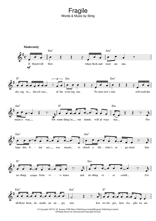 Preview Sting Fragile Rock sheet music, notes and chords for Melody Line, Lyrics & Chords, SKU: 14046 sheet music, piano notes, chords, guitar tabs, score, transpose, transcribe, how to play, guide, download, learn, tutorial, progression, song, artist, awards, billboard, mtv, vh1, tour, single, album, release