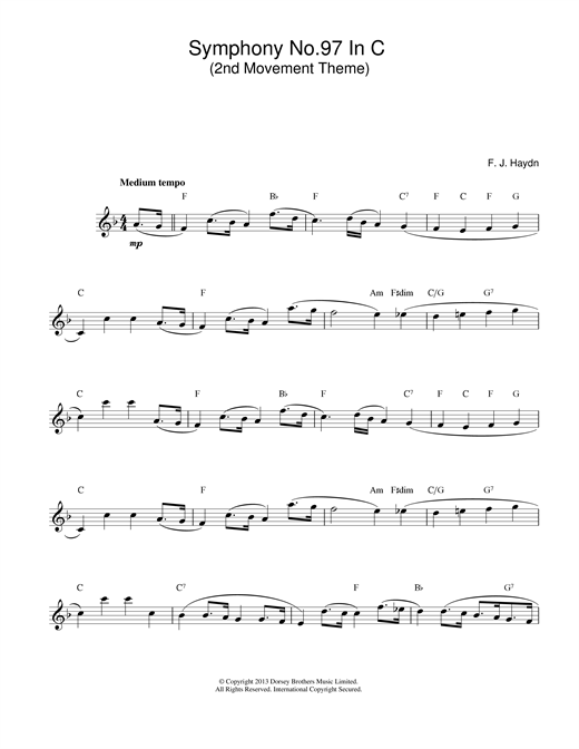 Preview Franz Joseph Haydn Symphony 97 Classical sheet music, notes and chords for Melody Line & Chords, SKU: 14055 sheet music, piano notes, chords, guitar tabs, score, transpose, transcribe, how to play, guide, download, learn, tutorial, progression, song, artist, awards, billboard, mtv, vh1, tour, single, album, release