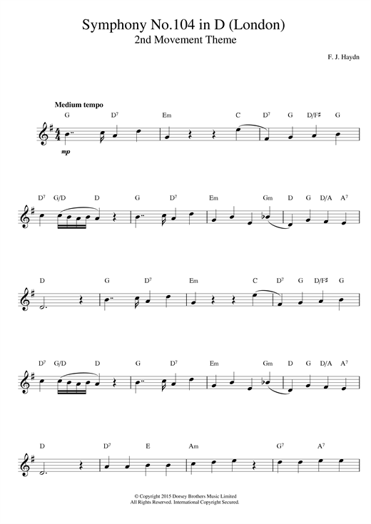 Preview Franz Joseph Haydn Symphony No 104 In D (London) 2nd Movement Theme Classical sheet music, notes and chords for Melody Line & Chords, SKU: 14056 sheet music, piano notes, chords, guitar tabs, score, transpose, transcribe, how to play, guide, download, learn, tutorial, progression, song, artist, awards, billboard, mtv, vh1, tour, single, album, release