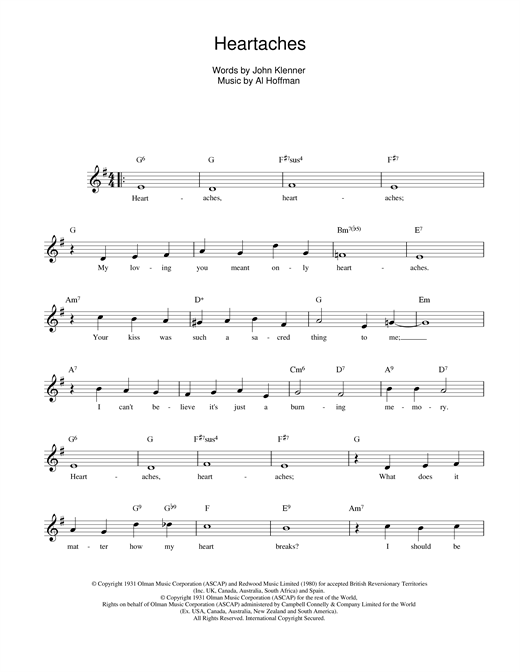 Preview Klenner And Hoffman Heartaches Jazz sheet music, notes and chords for Melody Line, Lyrics & Chords, SKU: 14057 sheet music, piano notes, chords, guitar tabs, score, transpose, transcribe, how to play, guide, download, learn, tutorial, progression, song, artist, awards, billboard, mtv, vh1, tour, single, album, release