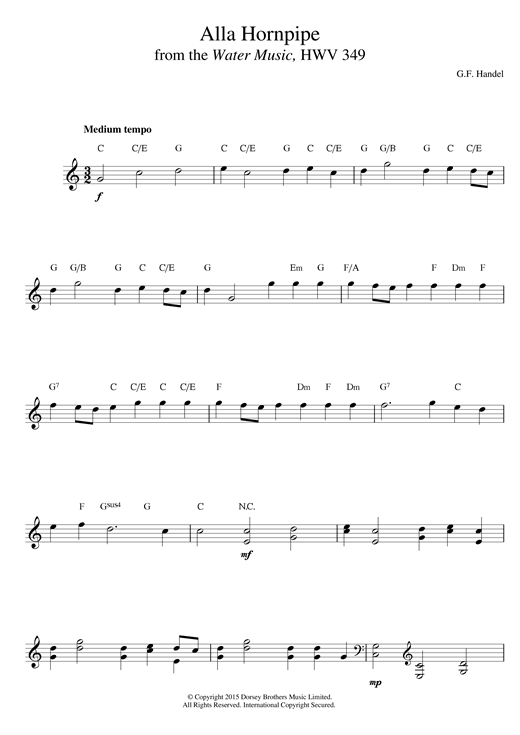 Preview George Frideric Handel Hornpipe (from The Water Music Suite) Classical sheet music, notes and chords for Melody Line & Chords, SKU: 14059 sheet music, piano notes, chords, guitar tabs, score, transpose, transcribe, how to play, guide, download, learn, tutorial, progression, song, artist, awards, billboard, mtv, vh1, tour, single, album, release